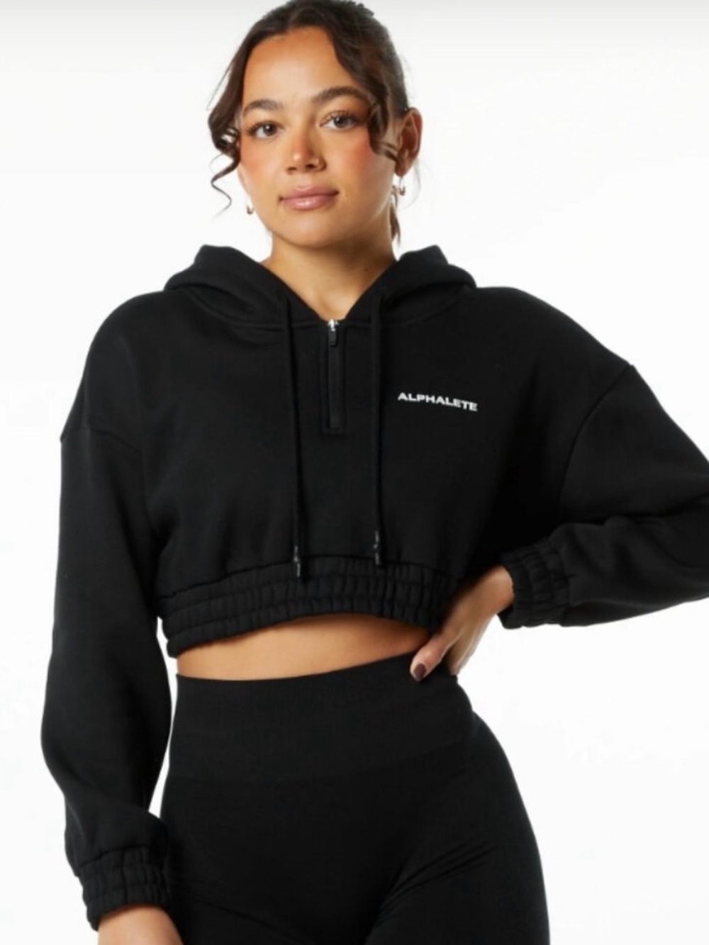 Alphalete Black Classic Capital Cropped Quarter-Zip Hoodie, Size Small, Black